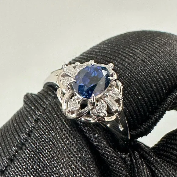 Platinum Natural Blue Sapphire & Diamond Jewelry Women Engagement Ring Size 4.9